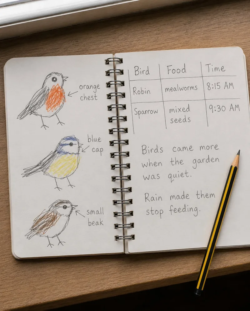 A child's bird identification notebook page showing hand-drawn sketches of a robin, blue tit and sparrow with an observation table and notes