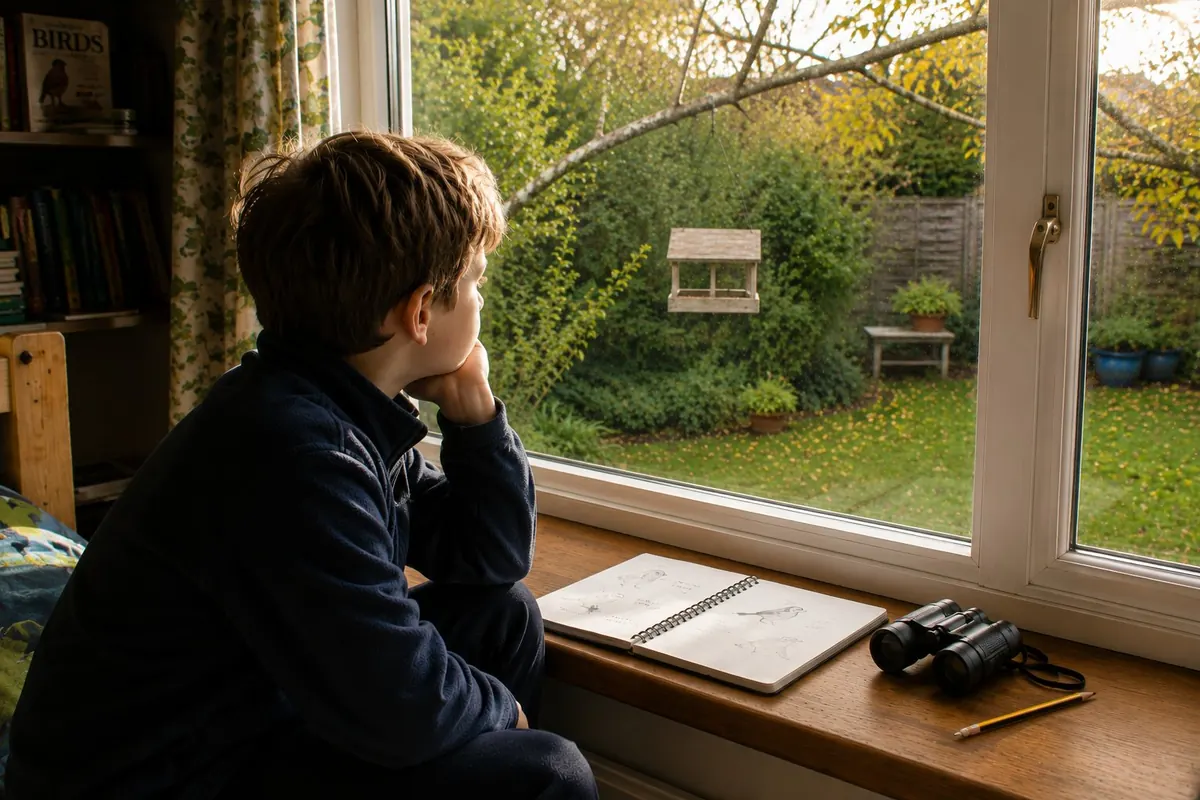 A child sitting at a window watching a bird feeder in the garden, with a bird sketch notebook and binoculars beside them
