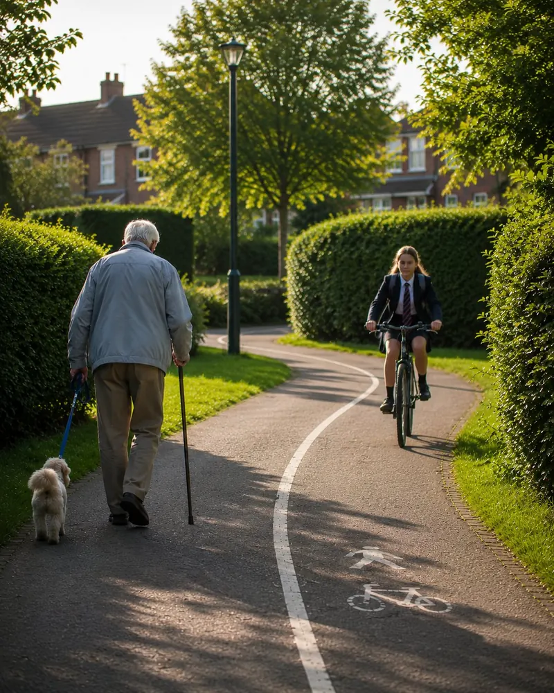 An elderly man with a walking stick and dog on a shared cycle path