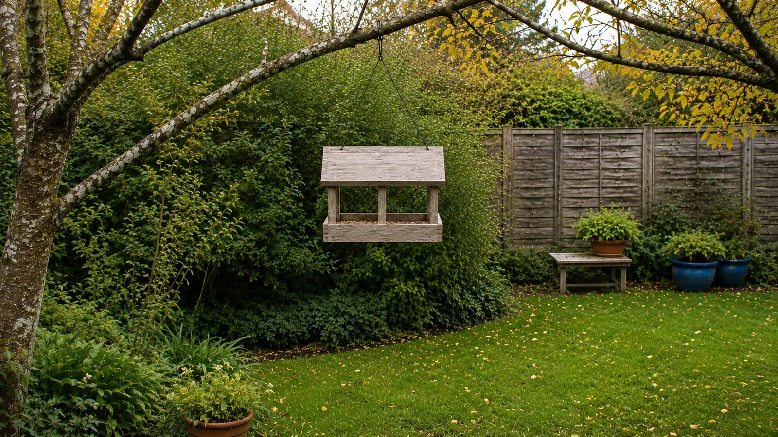 A wooden bird feeder in an English garden