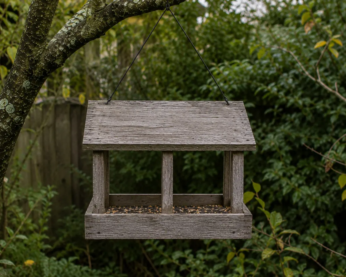 The finished bird feeder hanging from a tree branch, filled with seeds and ready for the birds