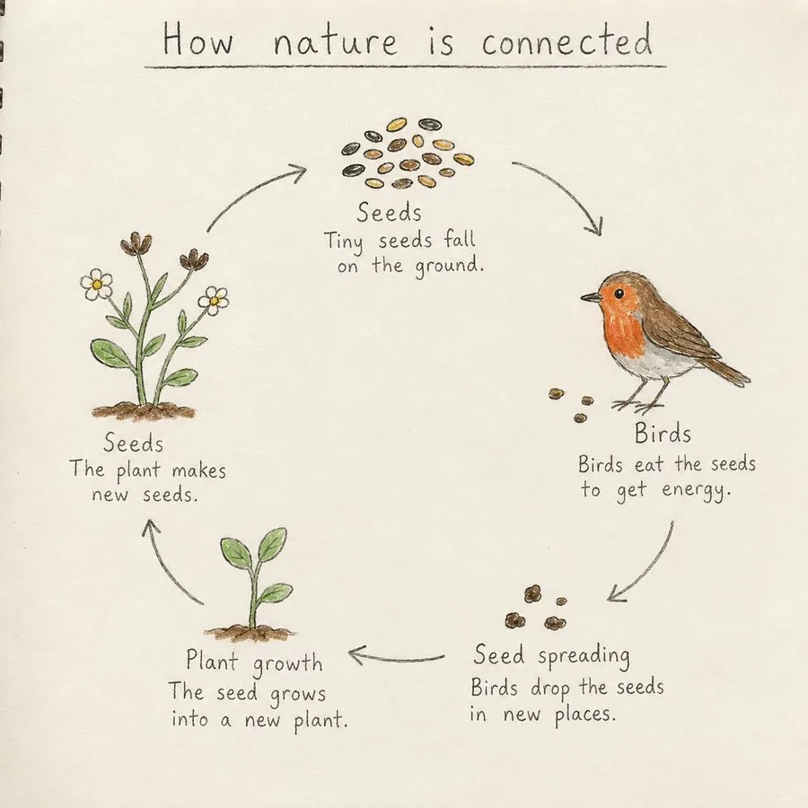 A hand-drawn cycle diagram showing how seeds, birds, seed spreading and plant growth are all connected in nature