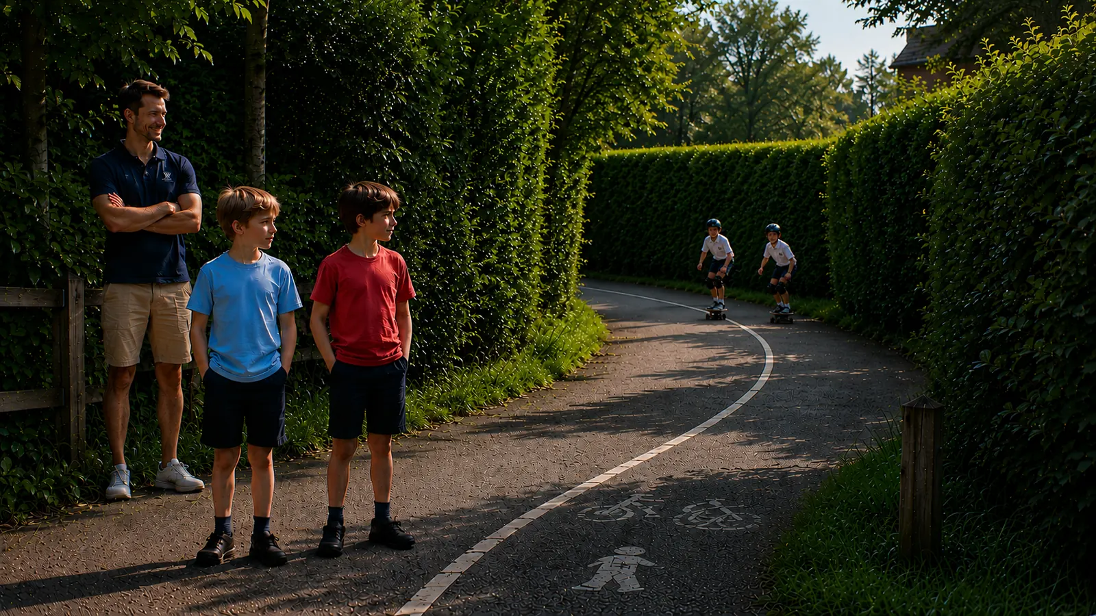 A dad and two boys paused at a bend on a shared cycle path, looking ahead as two children on skateboards come around the corner