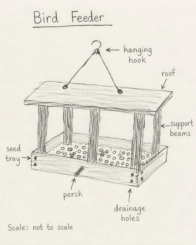 A hand-drawn planning sketch of the bird feeder with annotated labels showing the hanging hook, roof, support beams, seed tray, perch and drainage holes