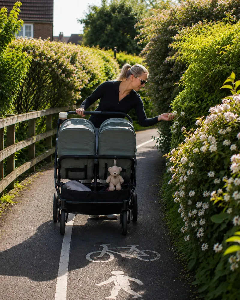 A woman pushing a wide double pushchair along a shared cycle path