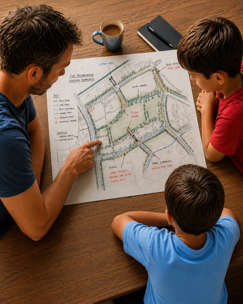 A dad and two boys studying a detailed hand-drawn neighbourhood map on a wooden table, with cycle paths, blind corners and hazard annotations marked in red