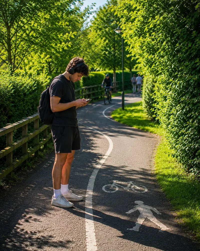 A person stopped on a shared cycle path, head down, headphones in, looking at their phone — making no sound at all