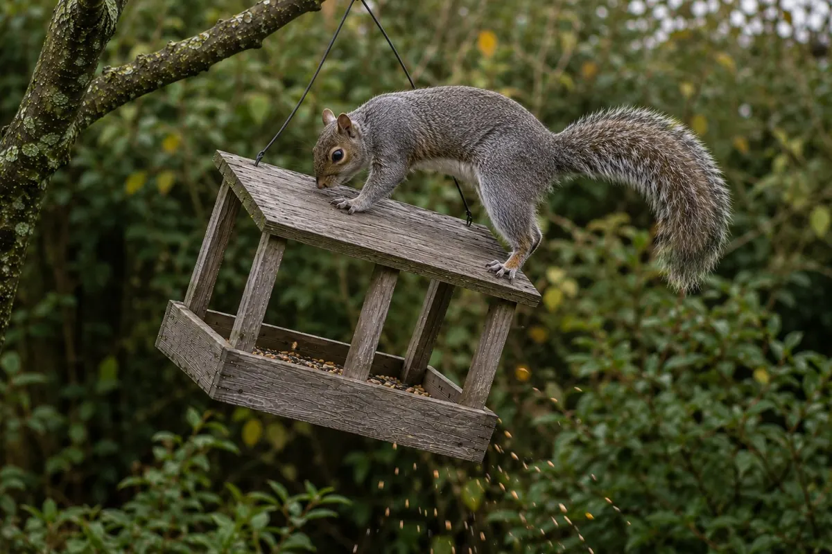 A grey squirrel perched on top of the bird feeder with seeds scattering to the ground below