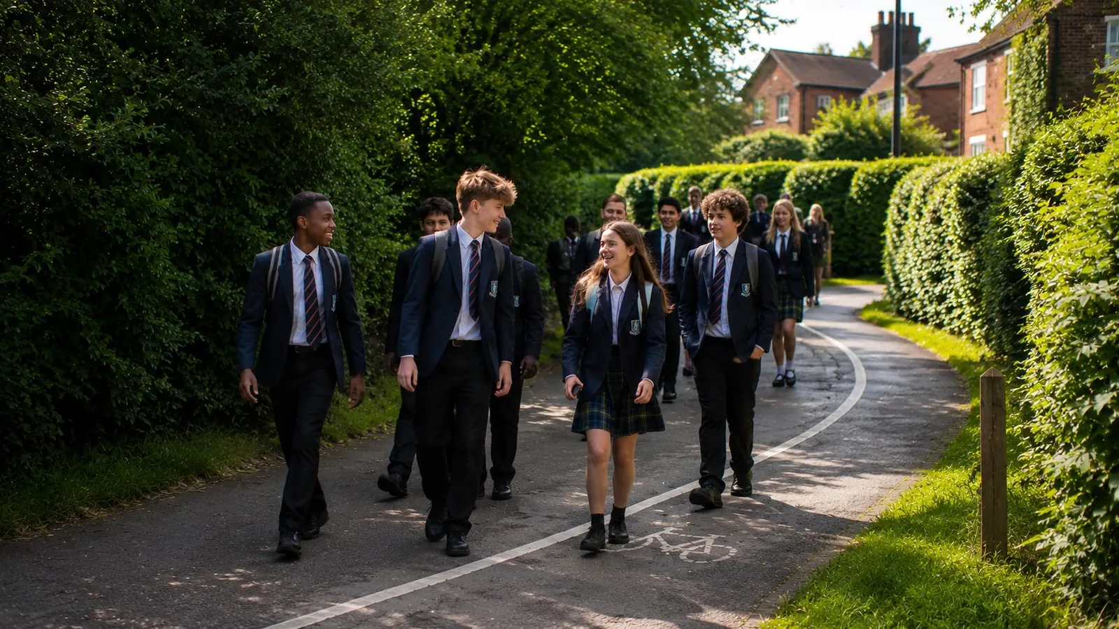 A group of teenagers in school uniform walking together along a shared cycle path