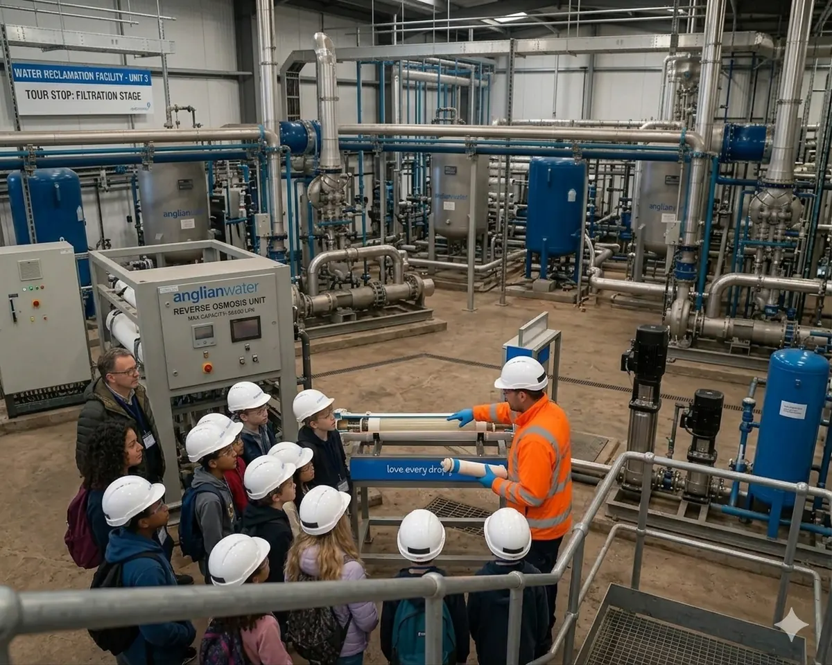 Children in hard hats at an Anglian Water treatment facility