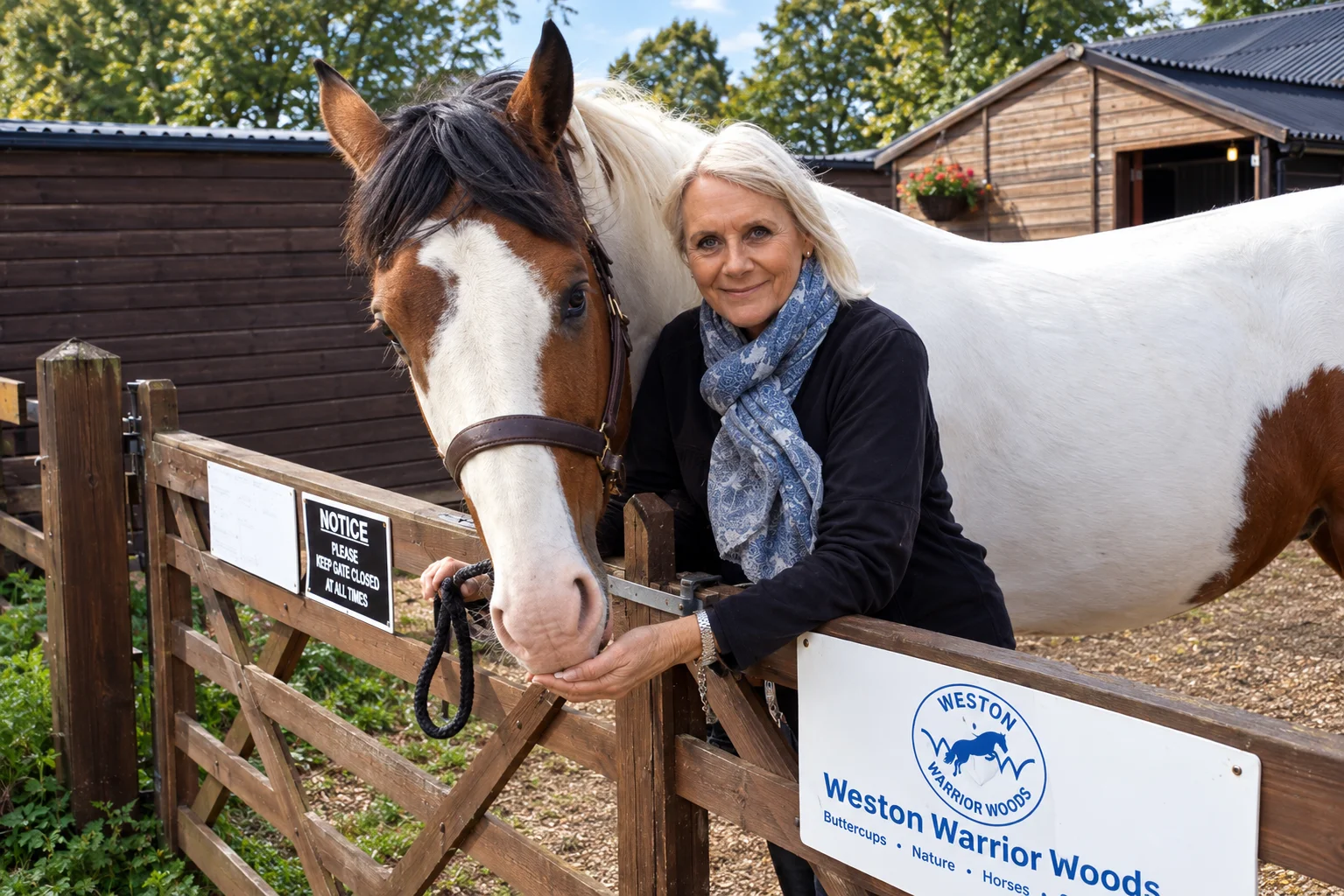 Gerda Weston holding one of the Ampfield horses at the yard gate